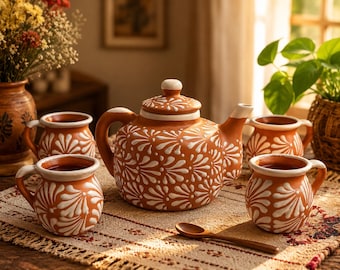 Juego de café y té Talavera hecho a mano / Cerámica mexicana con grabados florales // ArteyAlmaMexicana