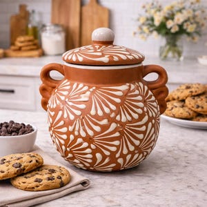 May include: A terracotta cookie jar with a lid, adorned with a white floral pattern. The jar has two handles and a small knob on the lid. Chocolate chip cookies and a bowl of chocolate chips are nearby.