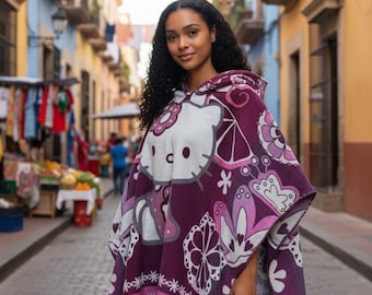 Handmade HK-Inspired Poncho with Hoodie – One Size Made in Ecuadorian || ArteyAlmaMexicana