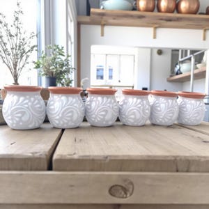 May include: Six small, white ceramic pots with a detailed, swirling floral design. Each pot has a terracotta-colored rim. The pots are arranged in a row on a light-colored wooden surface, suggesting a decorative or storage theme.