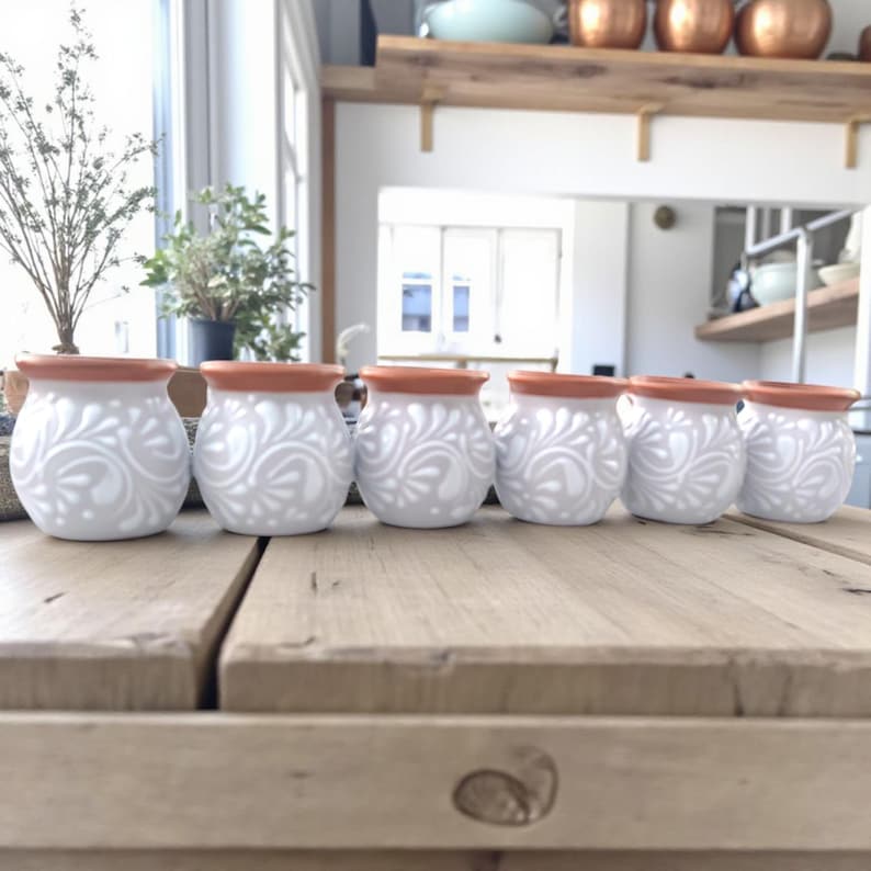 May include: Six small, white ceramic pots with a detailed, swirling floral design. Each pot has a terracotta-colored rim. The pots are arranged in a row on a light-colored wooden surface, suggesting a decorative or storage theme.