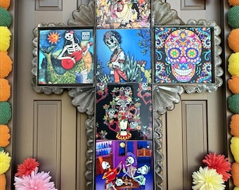 Croix Murale Mexicaine Déco Jour Des Morts - Bois 30x40,5 Cm - Décoration Dia De Muertos, Église, Maison - Artisanat Traditionnel