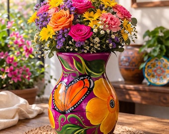 Handmade Flower Vase Mexican Pottery | Monarch & Flower Print || ArteyAlmaMexicana