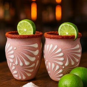 Può includere: Due bicchieri da cocktail in ceramica rosa con disegni floreali bianchi e un bordo rosso, ciascuno guarnito con una fetta di lime. Un mucchio di sale e due lime intere sono sulla superficie di legno.