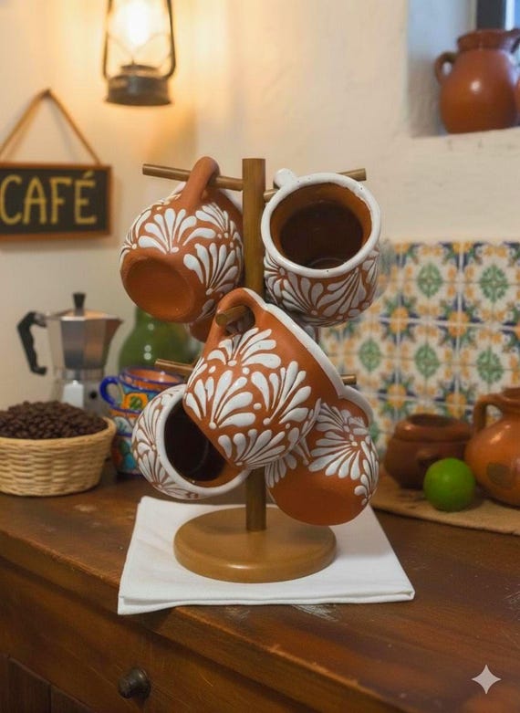 Handmade Mexican Coffee Mugs With Wood Stand – 16 Oz Ceramic