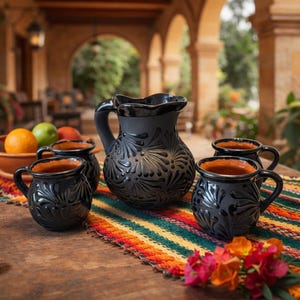 Może przedstawiać: Czarny ceramiczny dzbanek i cztery pasujące kubki z kwiatowym wzorem. Dzbanek ma zakrzywiony uchwyt i falisty brzeg. Kubki mają podobny design i brązowe wnętrze. Zestaw jest prezentowany na drewnianym stole z kolorowym bieżnikiem.