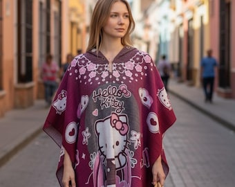 Handmade HK-Inspired Poncho with Hoodie – One Size Made in Ecuador || ArteyAlmaMexicana