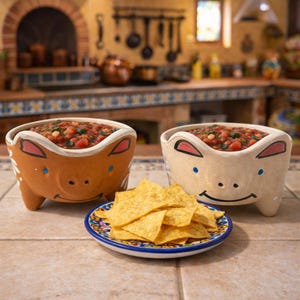 Pode incluir: Duas tigelas de cerâmica para salsa com rostos de porco, cheias de salsa, estão ao lado de um prato de nachos. As tigelas são castanhas e branco sujo, com detalhes pintados. Os nachos estão num prato com padrões azuis e brancos.