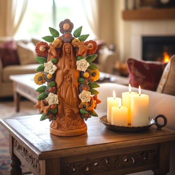 Handcrafted Virgin Mary Clay Sculpture: Mexican Folk Art (22 cm) || ArteyAlmaMexicana