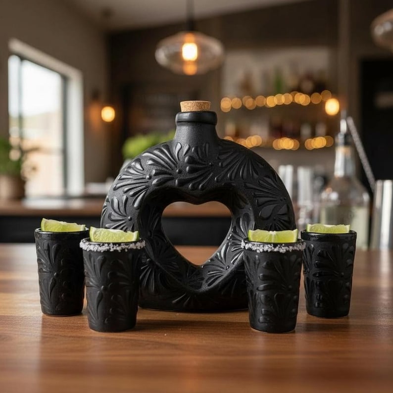 Handmade Black Heart Tequila Set – Talavera Floral Shot Glasses || ArteyAlmaMexicana