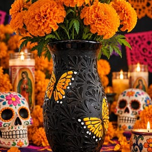 Talavera Day of the Dead Vase | Marigold Flower Vase | Black Mexican Pottery | Butterfly Vase