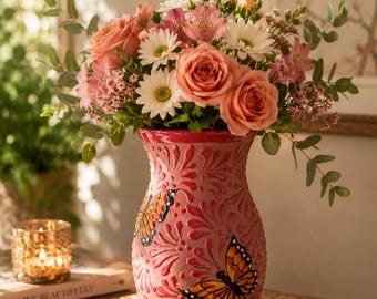 Set of 2 Talavera Flower Vases – Handcrafted White Terracotta