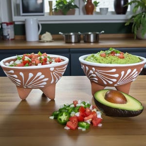 May include: Two terracotta serving bowls with white floral designs and three legs, filled with salsa and guacamole. A halved avocado and chopped vegetables are on a wooden surface.