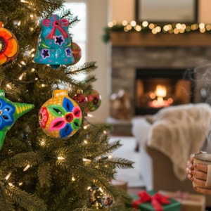 Bunte handgemachte mexikanische Ornamente | 4er-Set mit Blumendrucken | Weihnachtsdeko |ArteyAlmaMexicana