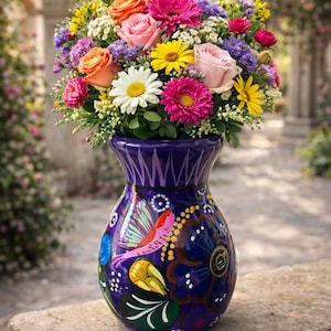 Handmade Flower Vase Mexican Pottery | Humming Bird & Flower Print || ArteyAlmaMexicana
