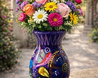 Ręcznie robiony wazon na kwiaty z meksykańskiej ceramiki | Nadruk z kolibrem i kwiatami || ArteyAlmaMexicana