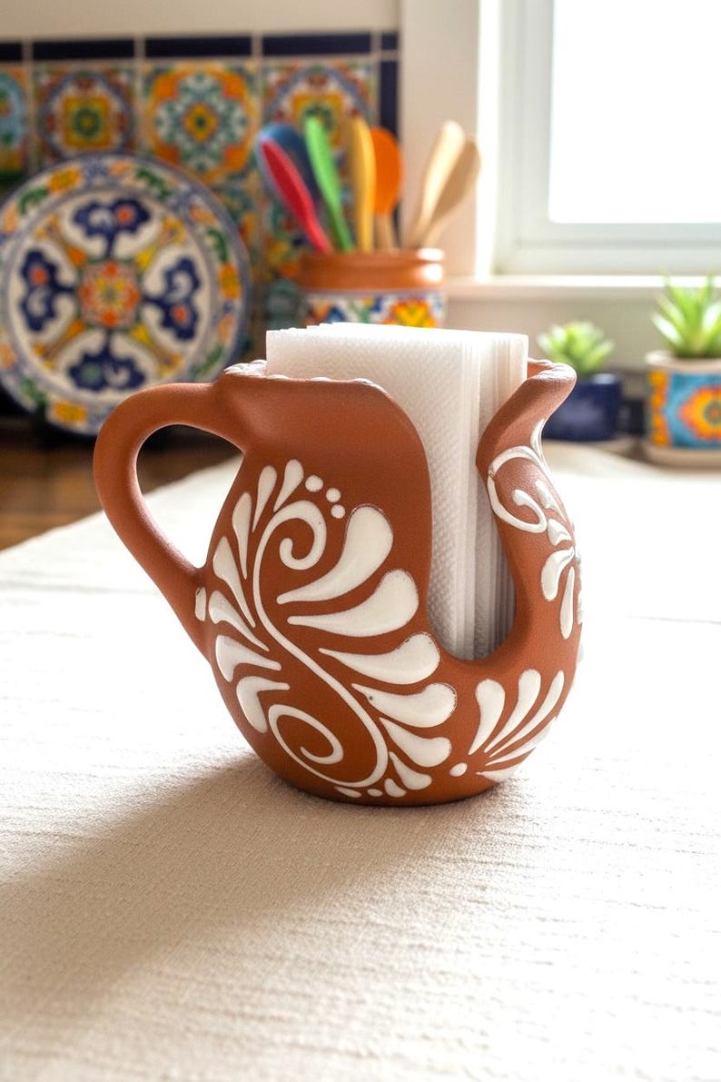 Op de afbeelding: Een terracotta servethouder met een handvat en een gebogen ontwerp. Witte bloempatronen sieren het oppervlak van de houder. Het bevat een stapel witte servetten, ideaal voor keuken- of eetkamerdecoratie.
