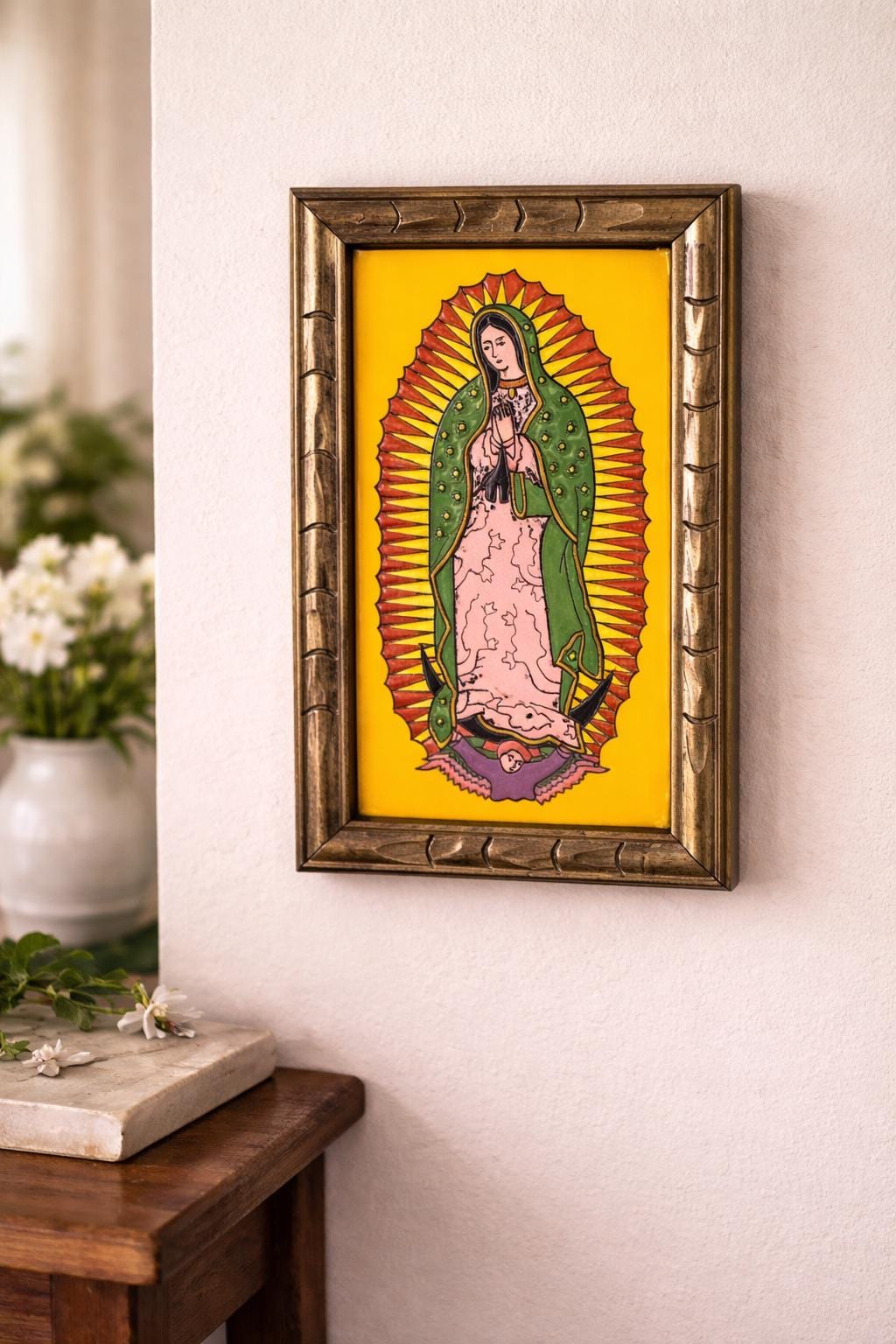 Handmade Virgin Mary Talavera Tile Framed in Wood | Hand Painted