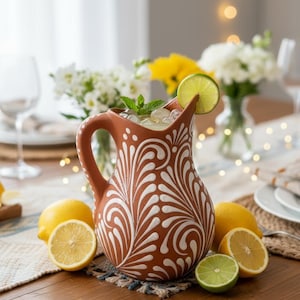 Puede incluir: Una jarra de terracota con un diseño blanco en espiral, llena de una bebida refrescante, adornada con una rodaja de lima y menta. Limones y limas están dispuestas alrededor de la jarra sobre una mesa de madera.