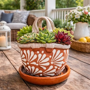 May include: A terracotta-colored ceramic basket planter with white floral designs, filled with various green and red succulents. The planter has a matching saucer and a handle. It sits on a wooden table, with a blurred outdoor background.