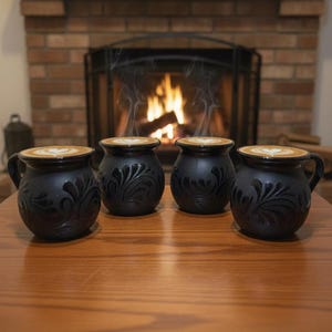 Może przedstawiać: Cztery czarne ceramiczne kubki z kwiatowymi wzorami, każdy wypełniony latte z sercowatym wzorem. Kubki stoją na drewnianym stole przed kominkiem z płonącym ogniem.