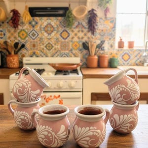 Może przedstawiać: Zestaw sześciu różowych ceramicznych kubków z białymi kwiatowymi wzorami i uchwytami, wypełnionych ciemnym płynem. Kubki są ułożone na drewnianym stole, z tłem kuchni.