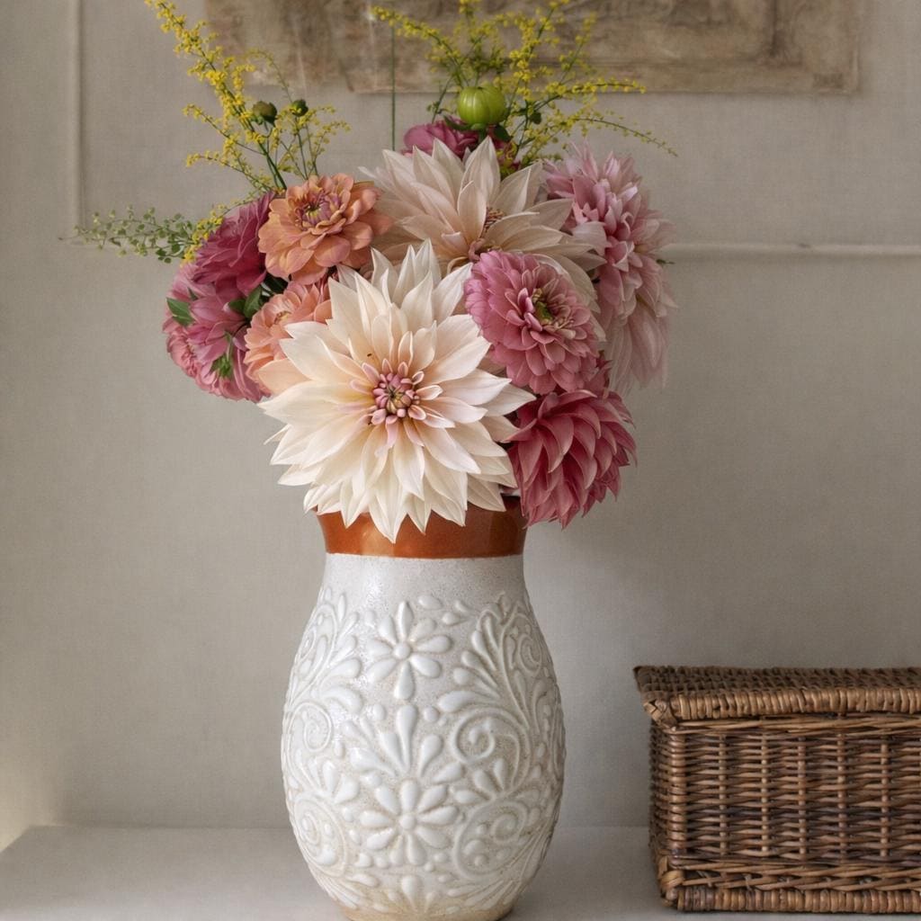 Talavera Flower Vase | White/brown Rim | Floral Embossed