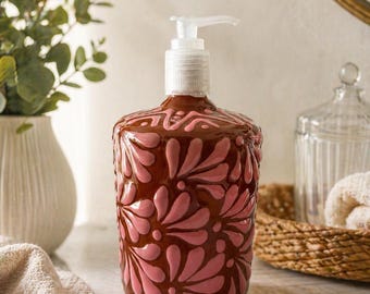 Dispenser di sapone Talavera / Stampa floreale marrone e rosa //ArteyAlmaMexicana