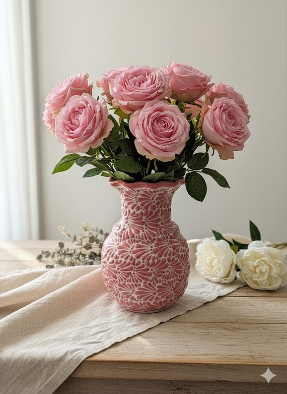 Handmade Mexican Pink and White Talavera Flower Vase