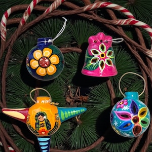 Colorful Handmade Mexican Ornaments | Set Of 4 With Floral Prints | Christmas Decorations |ArteyAlmaMexicana