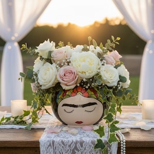 Puede incluir: Un jarrón de cerámica decorativo con un diseño de Frida Kahlo, lleno de rosas blancas y rosas, peonías y vegetación. El jarrón está sobre una mesa de madera con un camino de mesa de encaje, velas y un collar de perlas. El fondo incluye cortinas blancas y una puesta de sol.