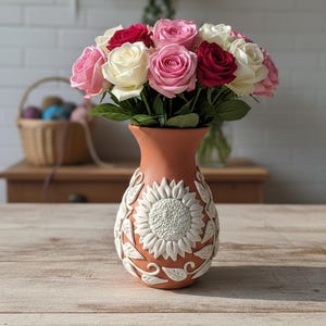 Puede incluir: Un jarrón de terracota con un diseño de girasol y hojas contiene un ramo de rosas. Las rosas son una mezcla de rojo, rosa y blanco. El jarrón mide aproximadamente 20 cm de alto.