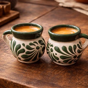 May include: Two small, handcrafted ceramic mugs filled with coffee. The mugs are white with green floral designs and green rims and handles. They sit on a wooden table, suggesting a cozy setting.