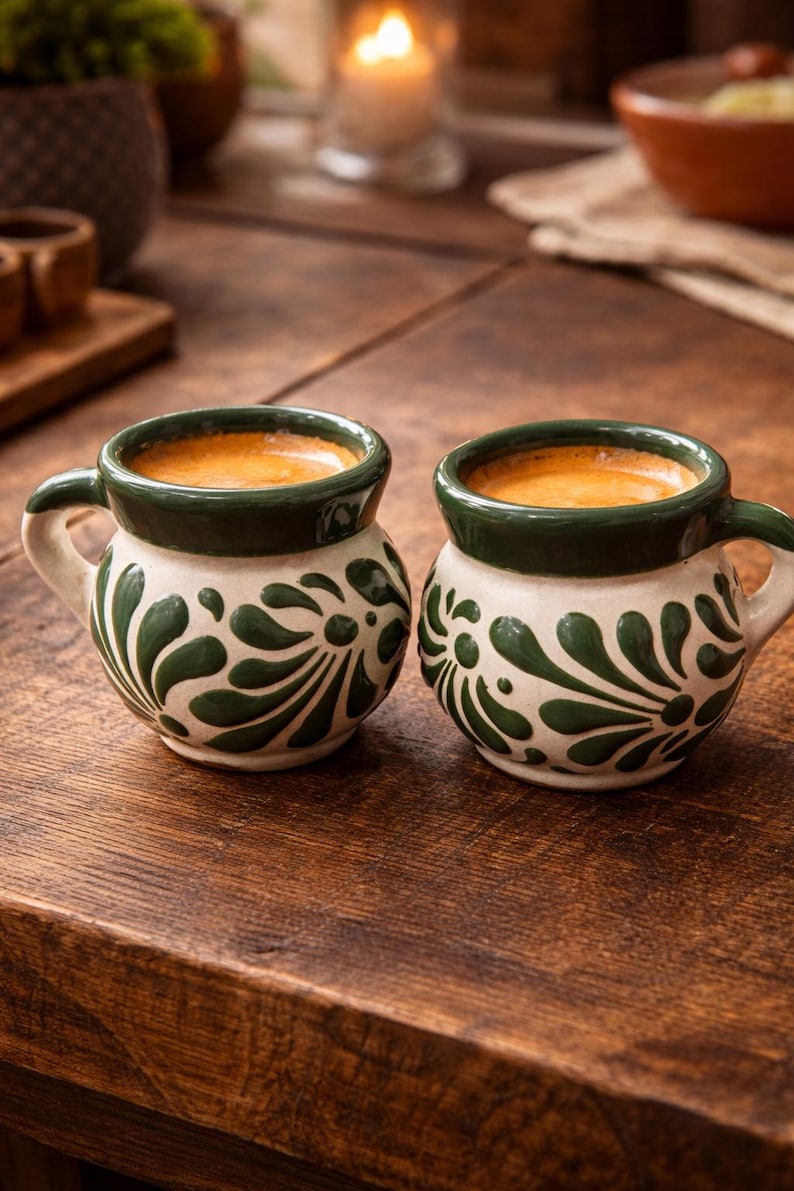 May include: Two ceramic coffee mugs with a white base and green floral design. The rims and handles are green. Each mug is filled with coffee. The mugs are on a wooden table.
