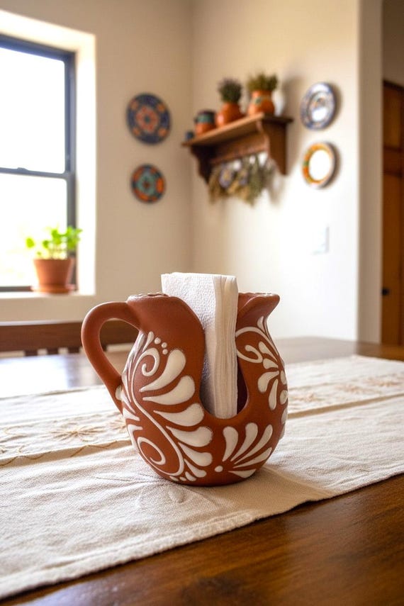 Handmade Jarrito Napkin Holder - Cielito Lindo With White Floral Print || Mexican Kitchenware ||ArteyAlmaMexicana