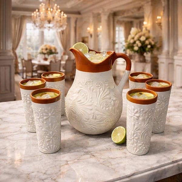 Handmade Talavera Pitcher Set | White Engobe, Brown Rim Drinkware