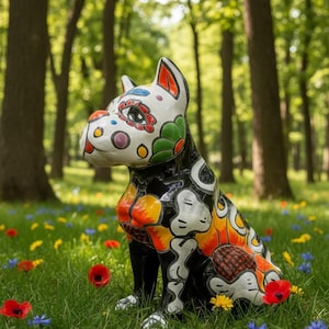 Black Talavera Bulldog Figurine – Día de los Muertos Decor – Handmade & Hand-Painted Mexican Folk Art – 10.5” Tall || ArteyAlmaMexicana