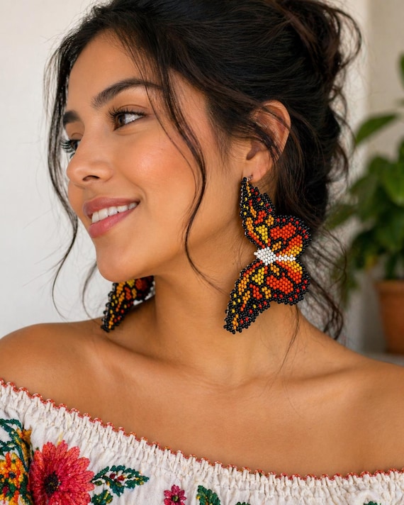Huichol Beaded Butterfly Earrings | Handcrafted Mexican Artisan Jewelry || ArteyAlmaMexicana