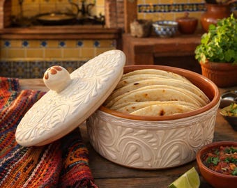 Handmade Engobe Tortilla Warmer | Brown & White Mexican Bowl || ArteyAlmaMexicana