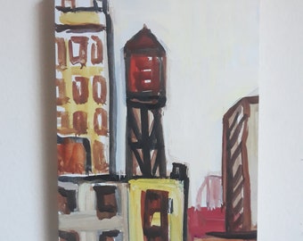 Petite Water Tower Painting on Wood Panel 5" x 7"