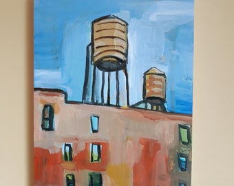 Lovely Water Towers painting by Young Ok Lee 9" by 12"