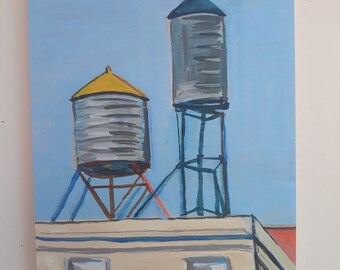 Two Charming Water Tower Painting by Young Ok Lee 8" by 10"