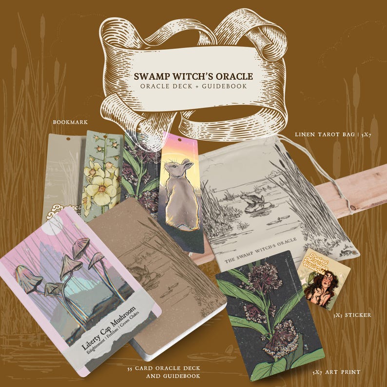 May include: An assortment of items from the "Swamp Witch's Oracle" collection, including a 55-card oracle deck and guidebook, bookmarks, a linen tarot bag, a sticker, and a 5x7 art print. The items feature illustrations of mushrooms, plants, and a rabbit.
