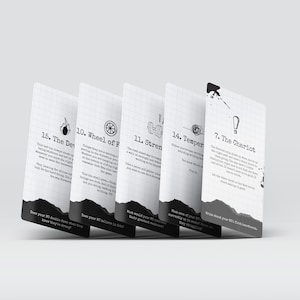 Puede incluir: Un juego de cartas del tarot con ilustraciones y texto en blanco y negro. Las cartas est&aacute;n dispuestas en abanico, con los t&iacute;tulos y n&uacute;meros visibles, incluyendo "El Carro" y "El Diablo".