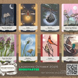May include: An oracle deck featuring illustrated cards with nature themes. Cards include Inky Cap Mushrooms, Firefly, Opossum, Liberty Cap Mushroom, Purple Dead Nettle, Dandelion, Cardinal, and Mallard Duck. The deck is launching October 2025.