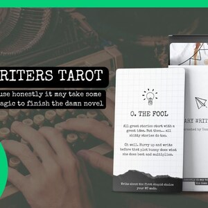 Puede incluir: Imagen de la baraja "Weary Writers Tarot", con el texto "Just funded Kickstarter" y "Funded in 12 hours!!". La baraja presenta cartas con ilustraciones y texto, incluyendo "O. The Fool". Una m&aacute;quina de escribir vintage en el fondo.