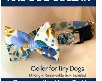 Floral Dog Collar XXS – Blue and Gold Rifle Paper Co. Fabric – Removable Bow for Teacup Dogs & Tiny Breeds