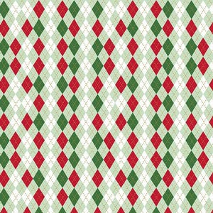 May include: A fabric pattern featuring a repeating argyle design in shades of red, dark green, and light green on a white background, with thin gold lines intersecting the diamonds. A 12-inch ruler is visible along the bottom edge of the image.