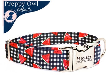 Summer Dog Collar Plaid, Watermelon Dog Collar, Dog Collar Girl, Cute Dog Collar Personalized, Gingham Dog Collar with Name