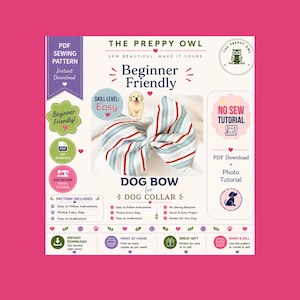 May include: A PDF sewing pattern for a dog bow for a dog collar by The Preppy Owl. The graphic features a blue, white, and red striped fabric bow, a cartoon puppy, and text including Beginner Friendly, No Sew Tutorial, and PDF Download.
